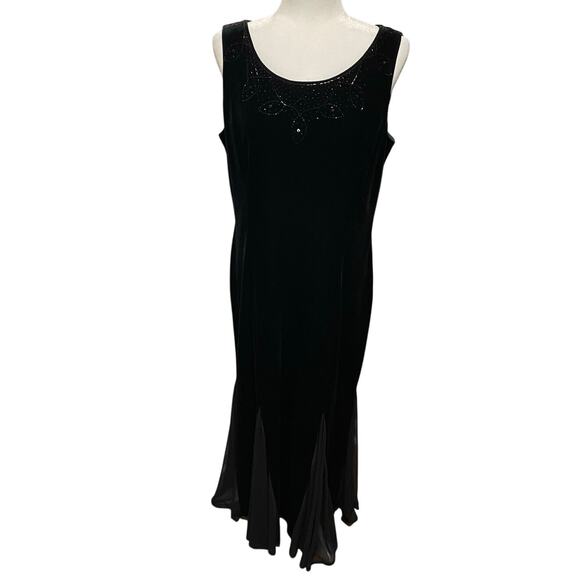 Vintage Sheri Martin Black Velvet Evening Gown Sz 16 Beading Godet Pleats Event - Picture 1 of 11